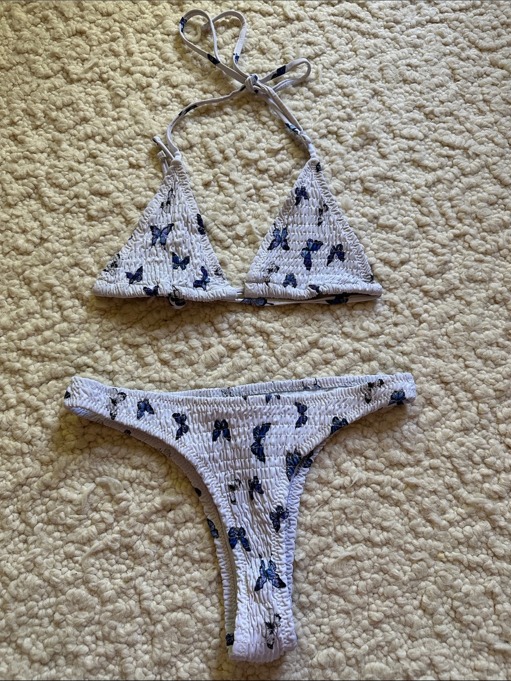 White Smocked Bikini Set with Navy Bow Print
